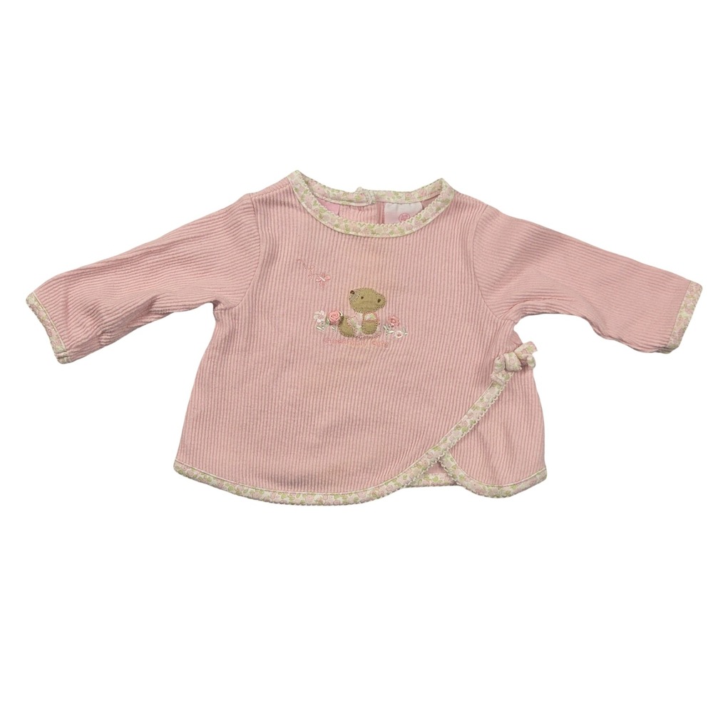 Pink Ribbed Long Sleeve Baby Top Bear Embroidery Floral Trim Cottagecore Vintage